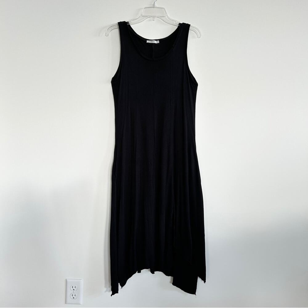 LUUKAA Black Scoop Neck Handkerchief Hem Sleeveless Stretchy Midi Dress Size 10